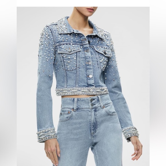 Alice + Olivia Pearl Studded Light Blue Denim Jacket small - Picture 4 of 5
